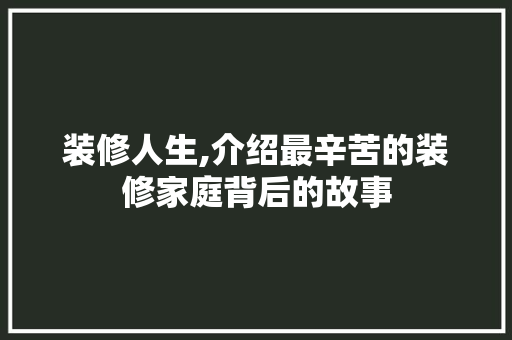 装修人生,介绍最辛苦的装修家庭背后的故事